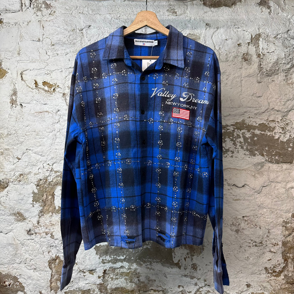 Vale Blue Plaid Rhinestone Flannel Sz S