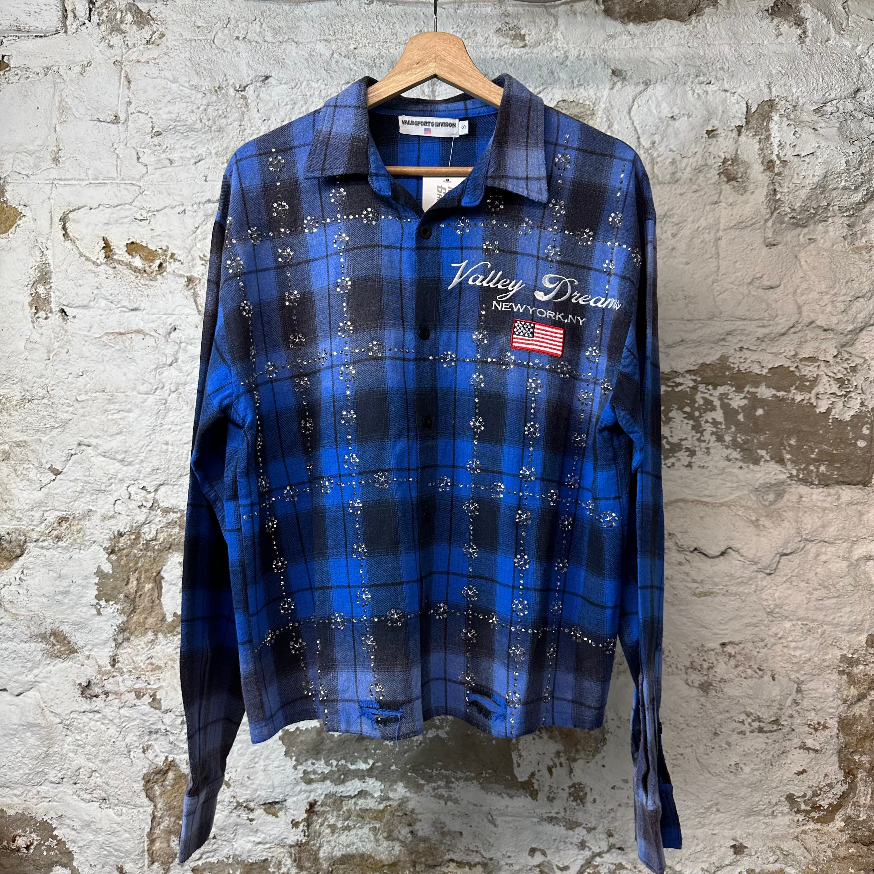 Vale Blue Plaid Rhinestone Flannel Sz S