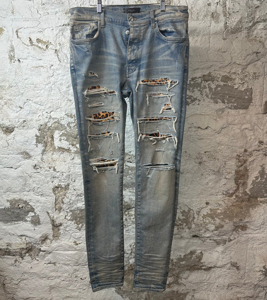 Amiri MX1 Cheetah Print Blue Denim Jeans Sz 34