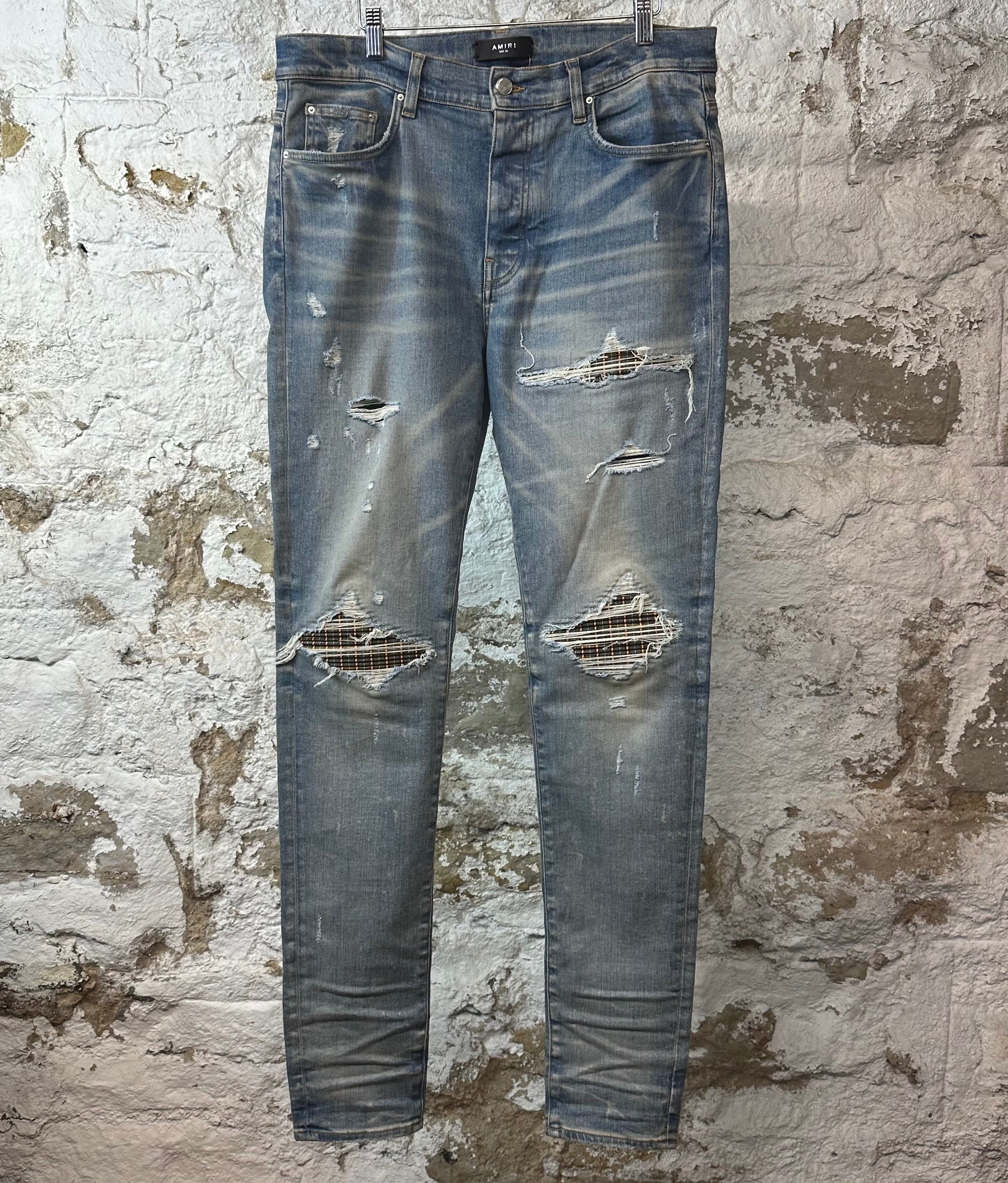 Amiri MX1 Gray Orange Plaid Blue Denim Jeans Sz 36