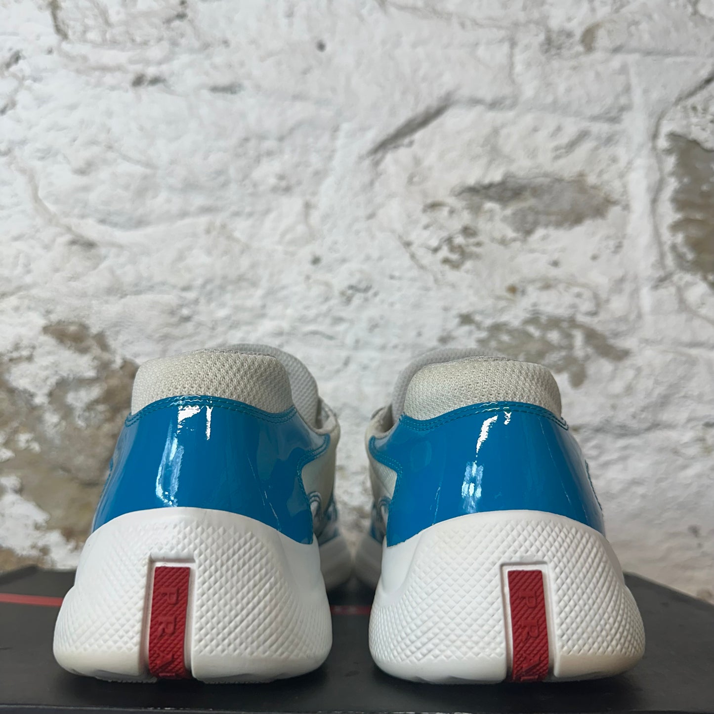 Prada Americas Cup Teal Patent Cream White Sneaker Sz 8.5