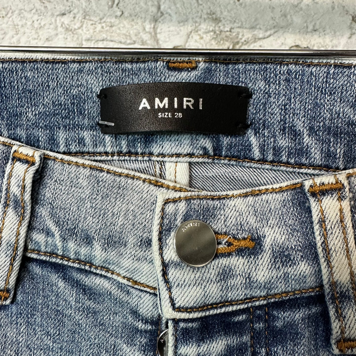 Amiri MX1 Black Leather Washed Blue Denim Jeans Sz 28