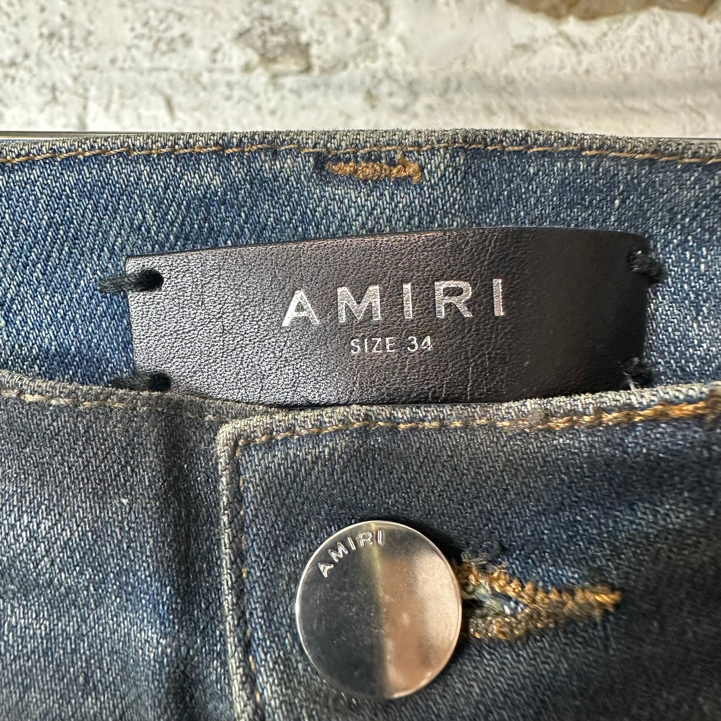 Amiri MX1 Beige Knitted Waxed Blue Denim Jeans Sz 34