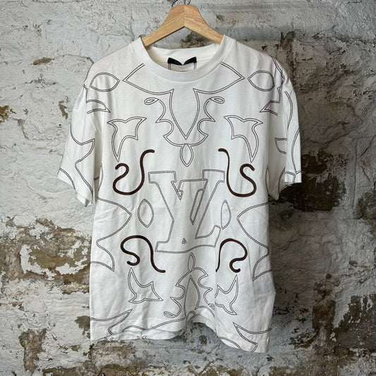 Louis Vuitton Brown Embroidered Monogram White T-Shirt Sz M