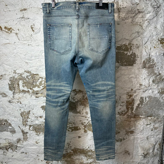 Amiri Knee Hole Paint Splatter Blue Denim Jeans Sz 38