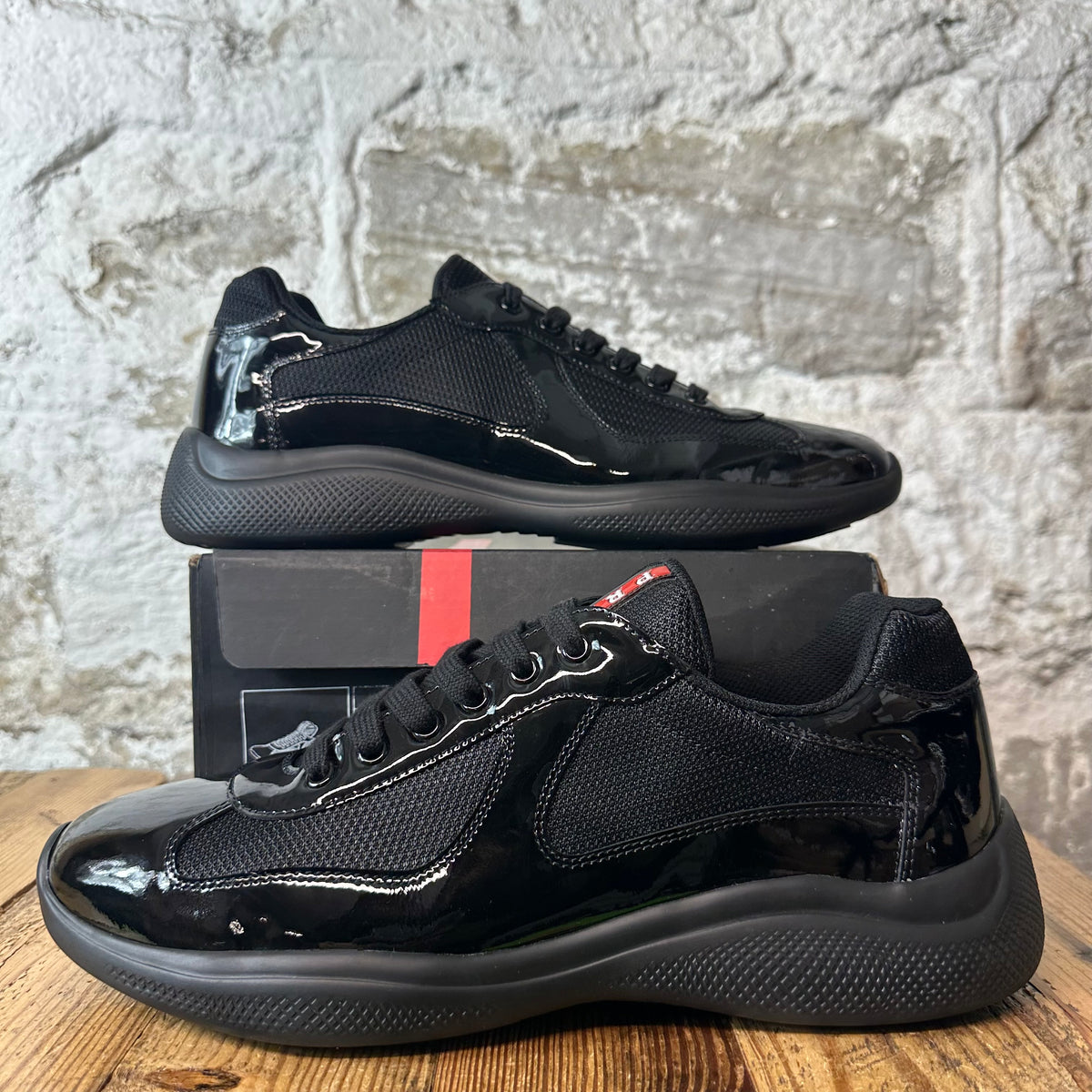 Prada Americas Cup Triple Black Patent Sneaker Sz 10