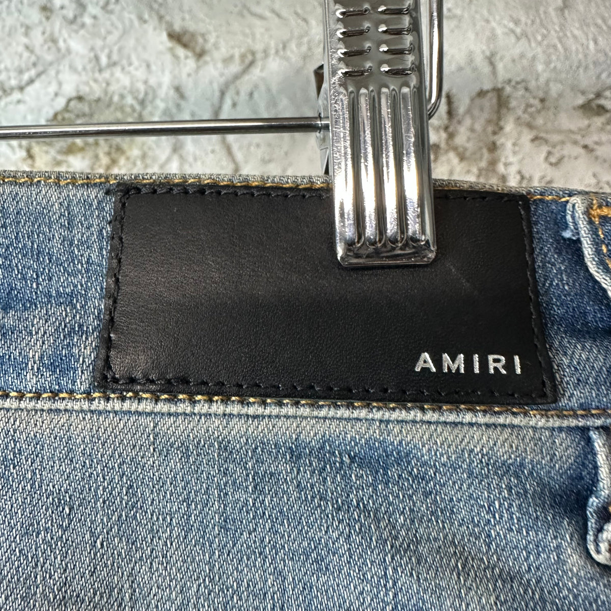 Amiri Brown Leather Core Logo Blue Denim Jeans Sz 29