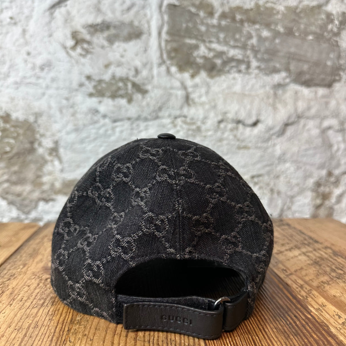 Gucci Black GG Monogram Denim Leather Hat Sz XL