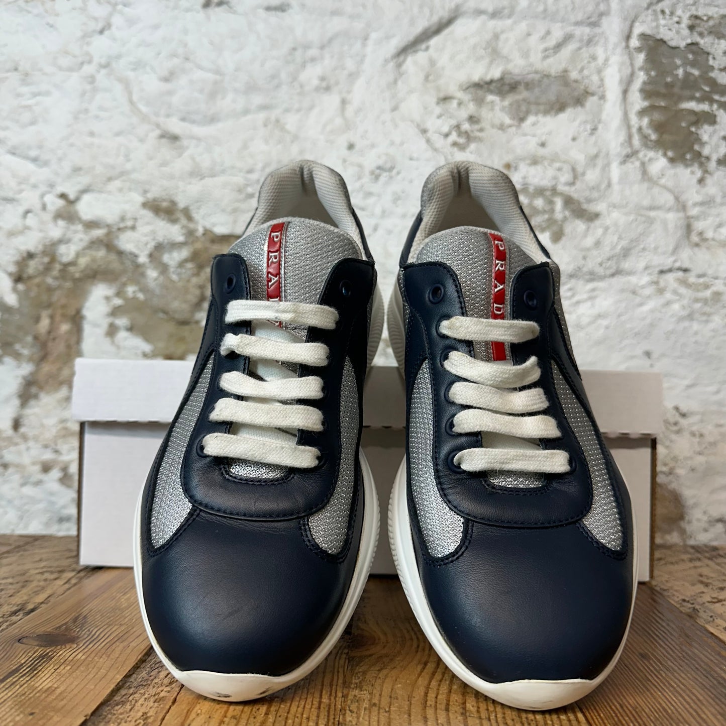 Prada Americas Cup Navy Leather Grey White Sneaker Sz 6.5 No Box