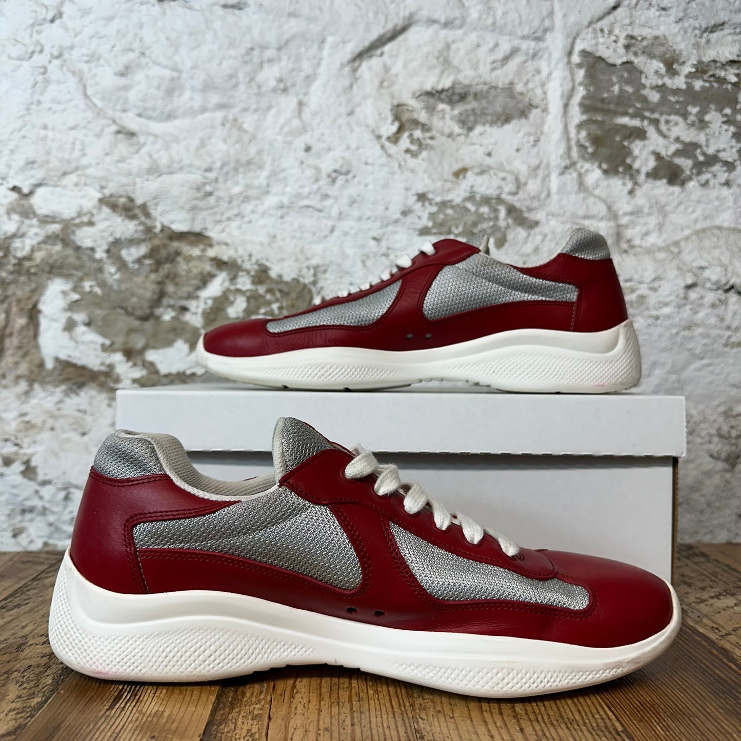 Prada Americas Cup Red Leather Grey White Sneaker Sz 9
