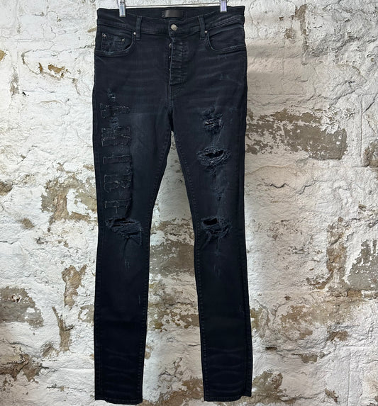 Amiri Distressed Side Spell Black Denim Jeans Sz 33