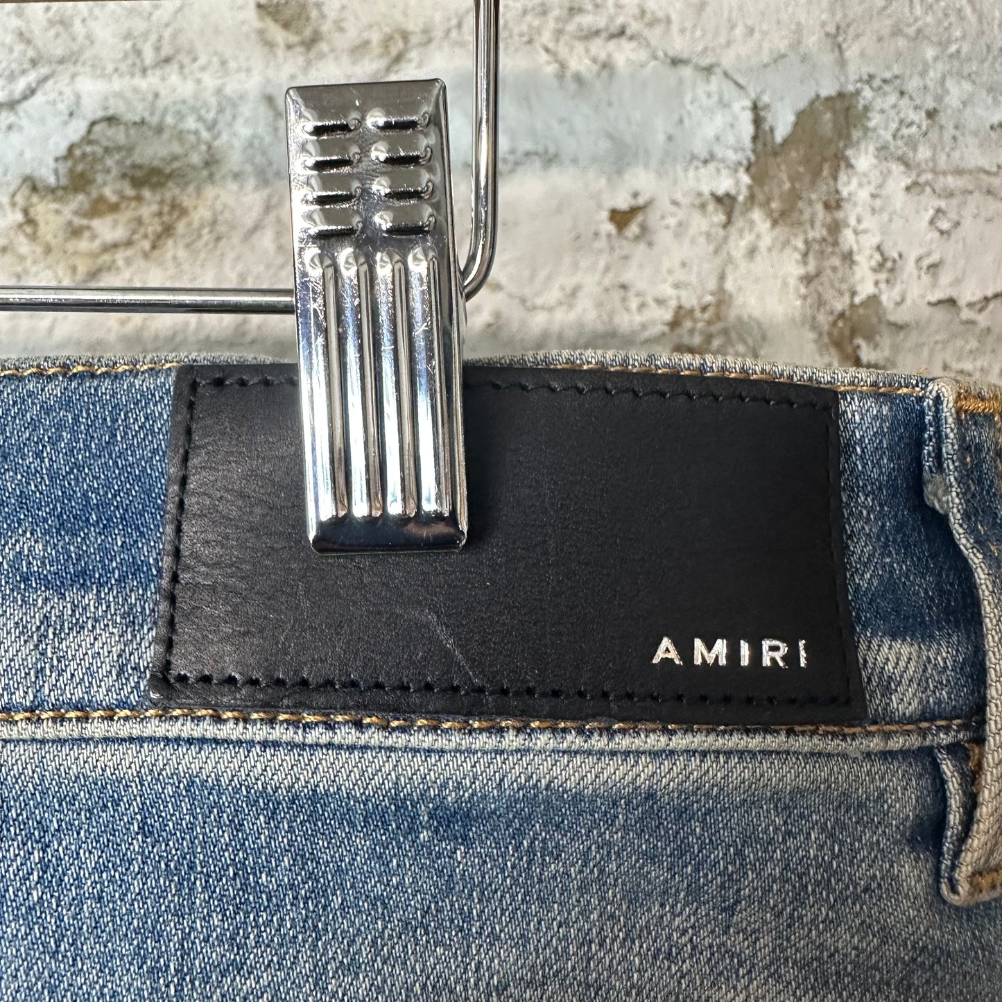 Amiri MX1 Orange Art Patch Blue Denim Jeans Sz 34
