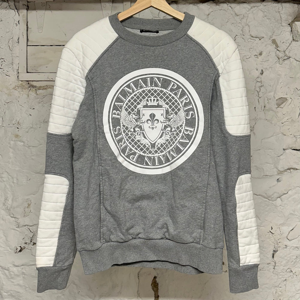 Balmain Paris White Logo Grey Crewneck Sz M