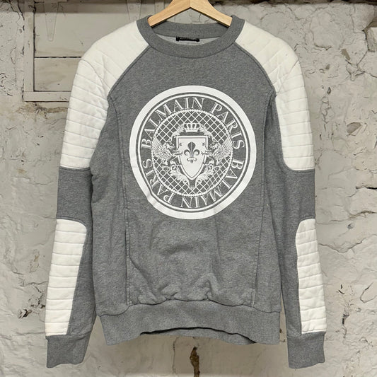Balmain Paris White Logo Grey Crewneck Sz M
