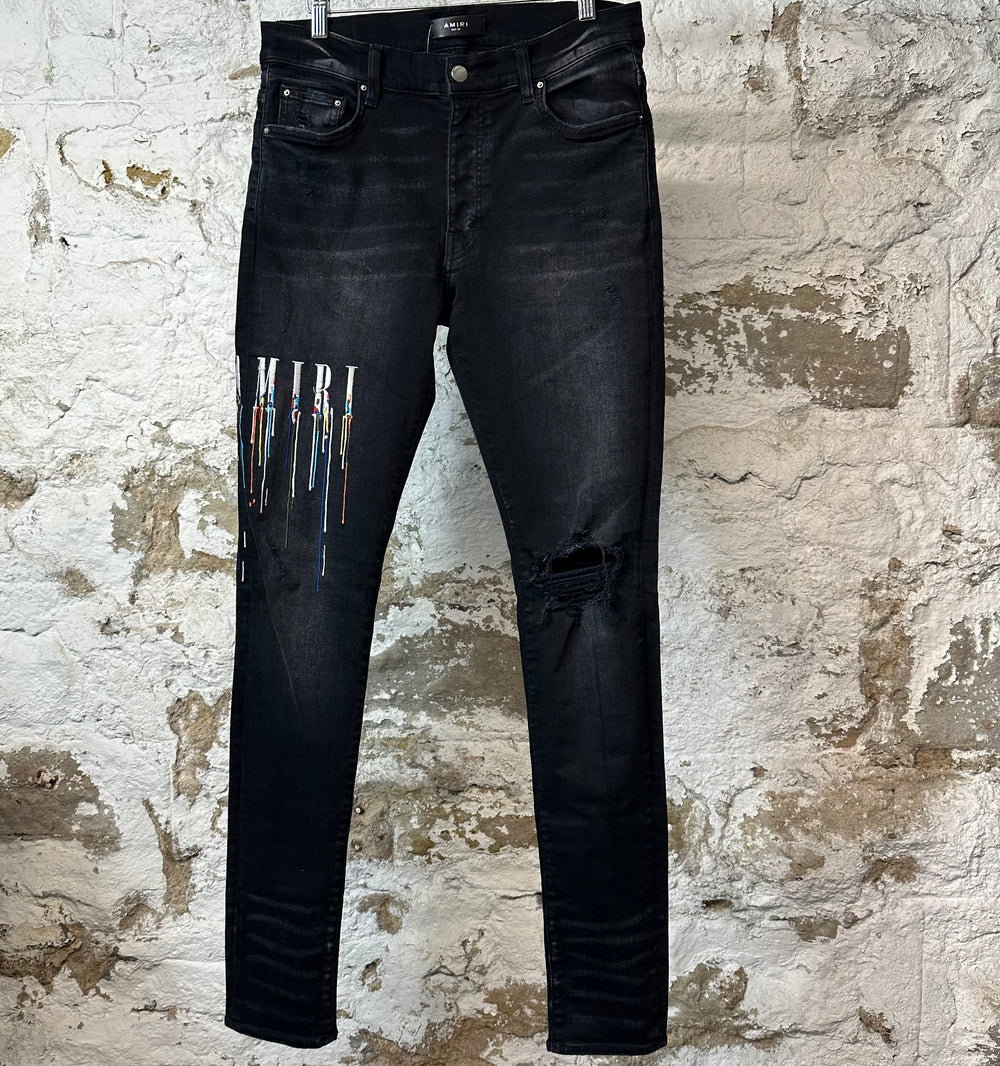 Amiri Knee Rip Paint Drip Spell Black Denim Jeans Sz 32