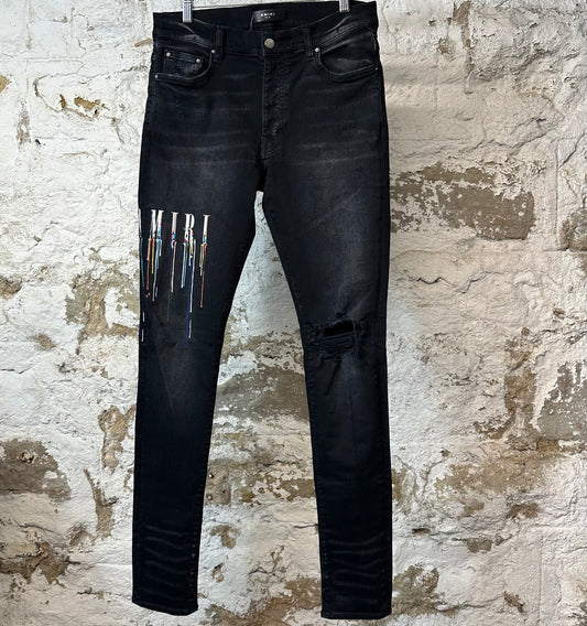 Amiri Knee Rip Paint Drip Spell Black Denim Jeans Sz 32