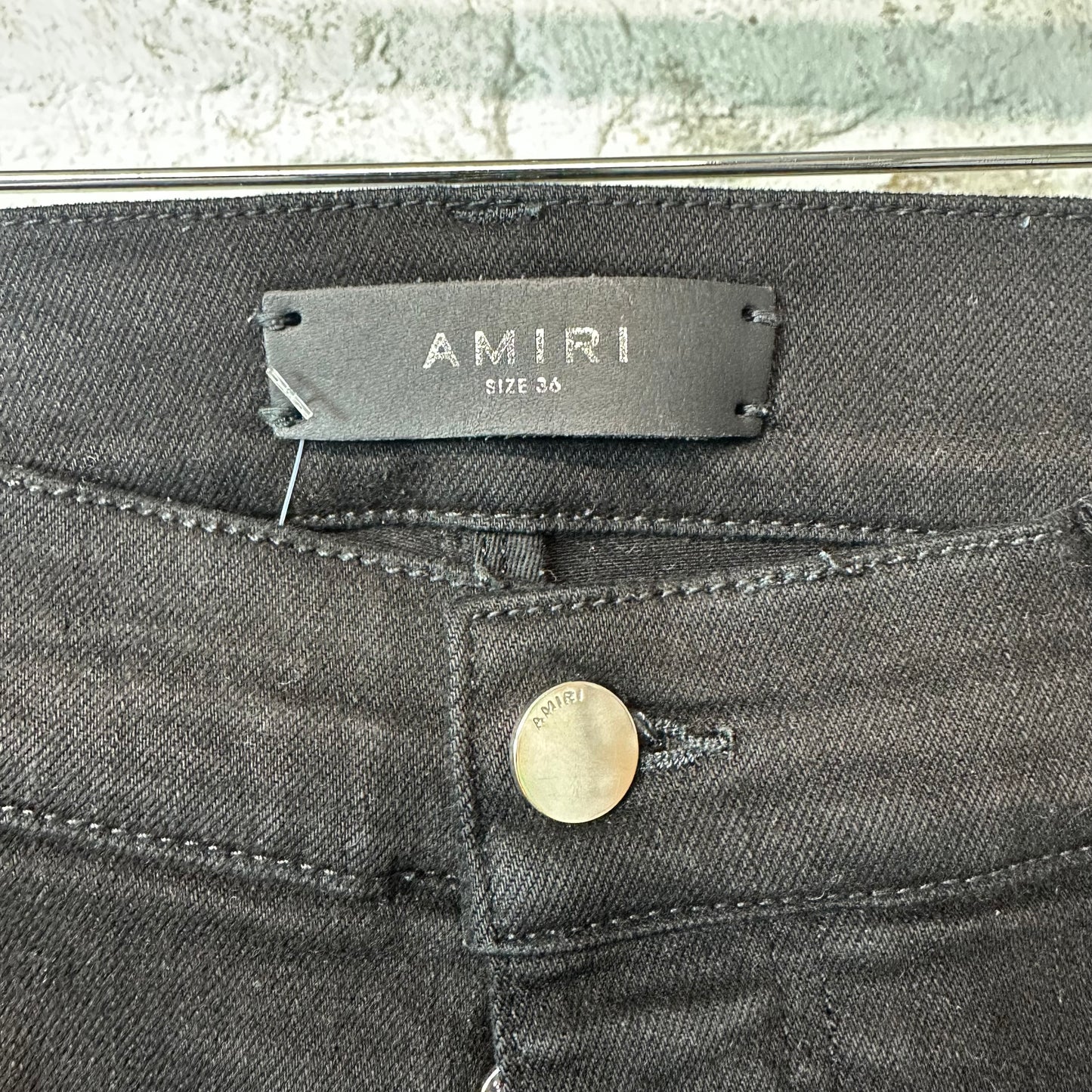 Amiri MX1 Black Leather Black Denim Jeans Sz 36