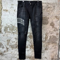 Amiri Varsity Patch Distressed Black Denim Jeans Sz 38