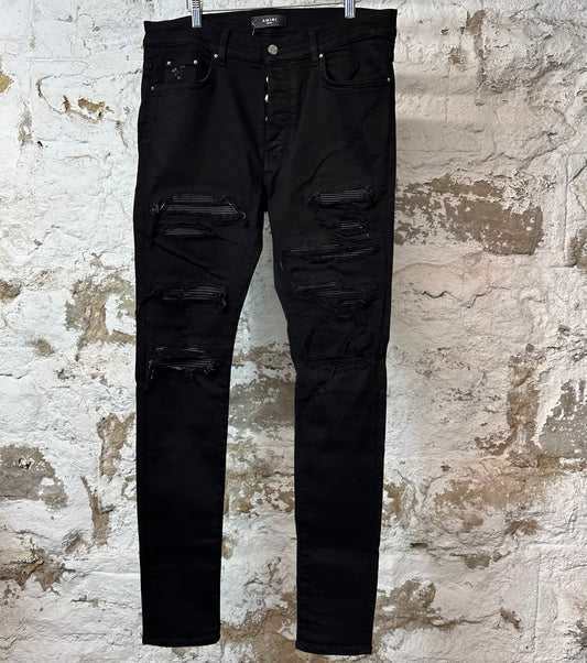 Amiri MX1 Black Leather Black Denim Jeans Sz 36