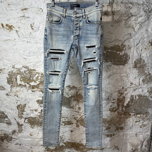 Amiri MX1 Black Leather Thrasher Washed Blue Denim Jeans Sz 28