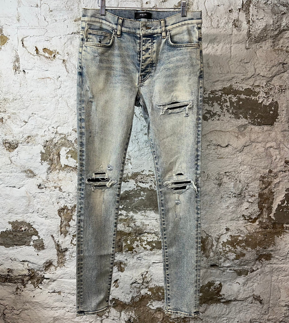 Amiri MX1 Black Leather Washed Blue Denim Jeans Sz 32