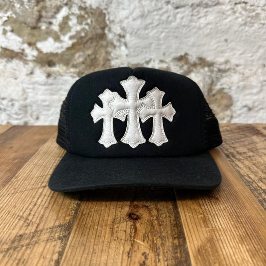 Chrome Hearts White Leather Crosses Black Trucker Hat