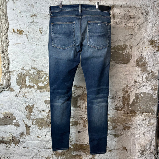 Amiri MX1 Black Leather Dark Blue Denim Jeans Sz 36