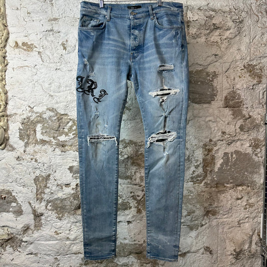 Amiri Black Old English Spell Blue Denim Jeans Sz 36