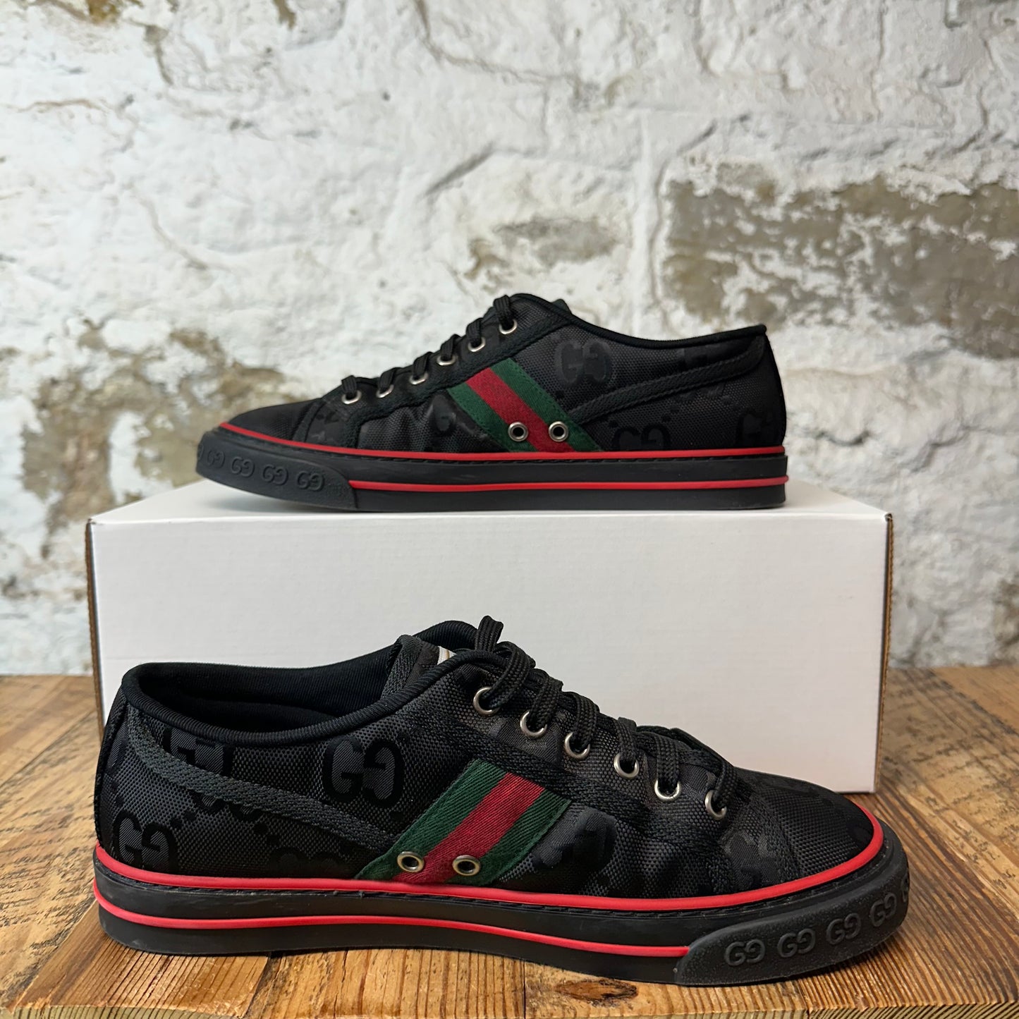 Gucci Tennis 1977 Black GG Monogram Nylon Sneaker Sz 7.5