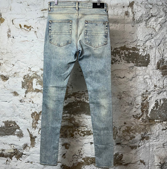 Amiri MX1 Black Leather Washed Blue Denim Jeans Sz 30