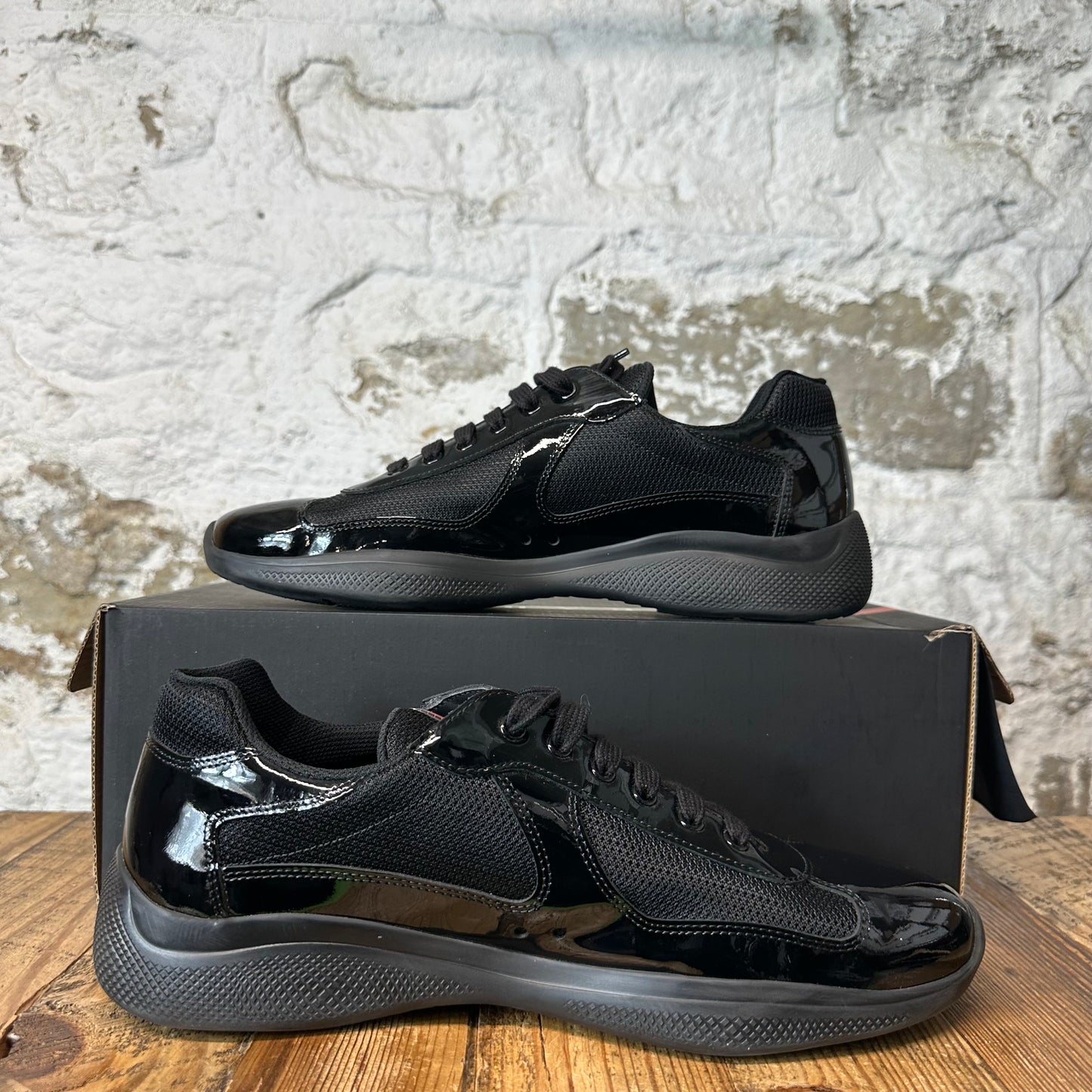 Prada Americas Cup Triple Black Patent Sneaker Sz 11