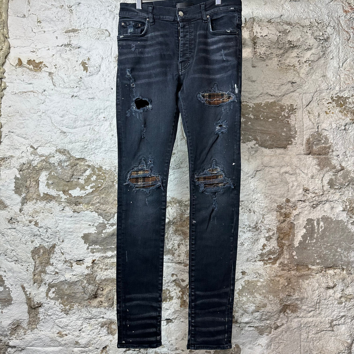 Amiri MX1 Brown Plaid Flannel Black Denim Jeans Sz 31