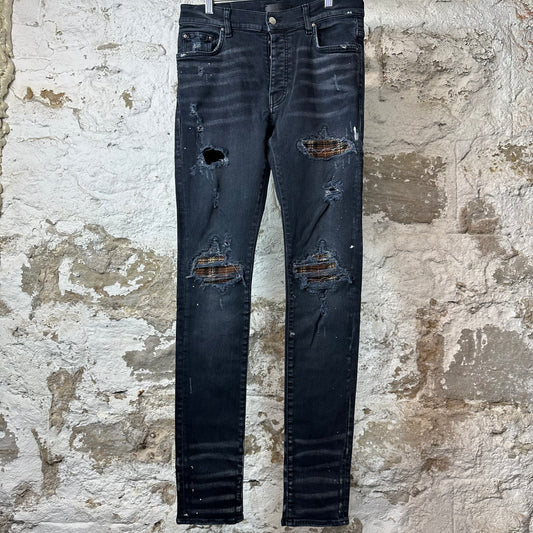 Amiri MX1 Brown Plaid Flannel Black Denim Jeans Sz 31