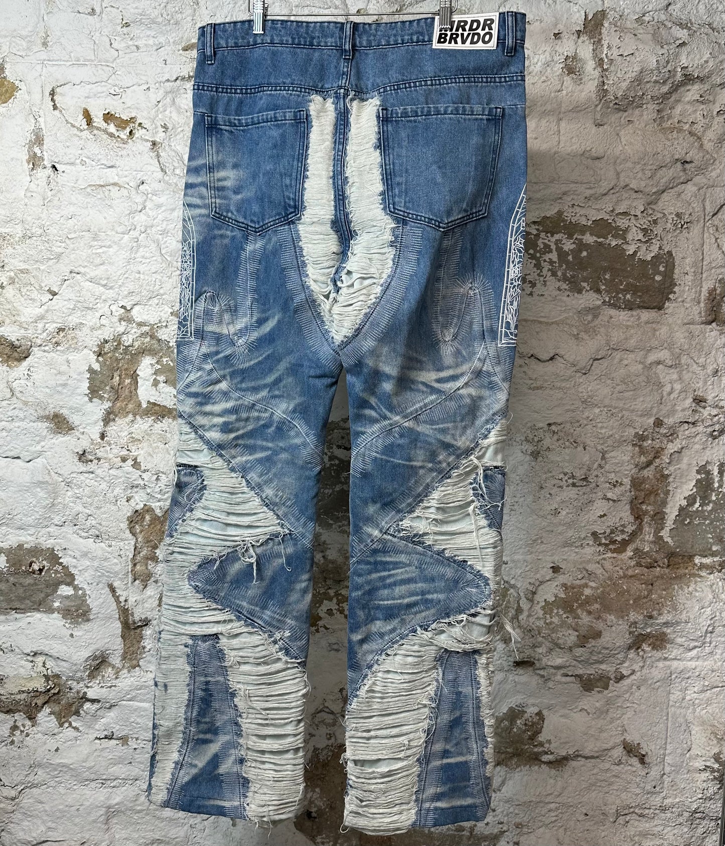 Who Decides War Sky Path Stained Glass Blue Denim Jeans Sz 36