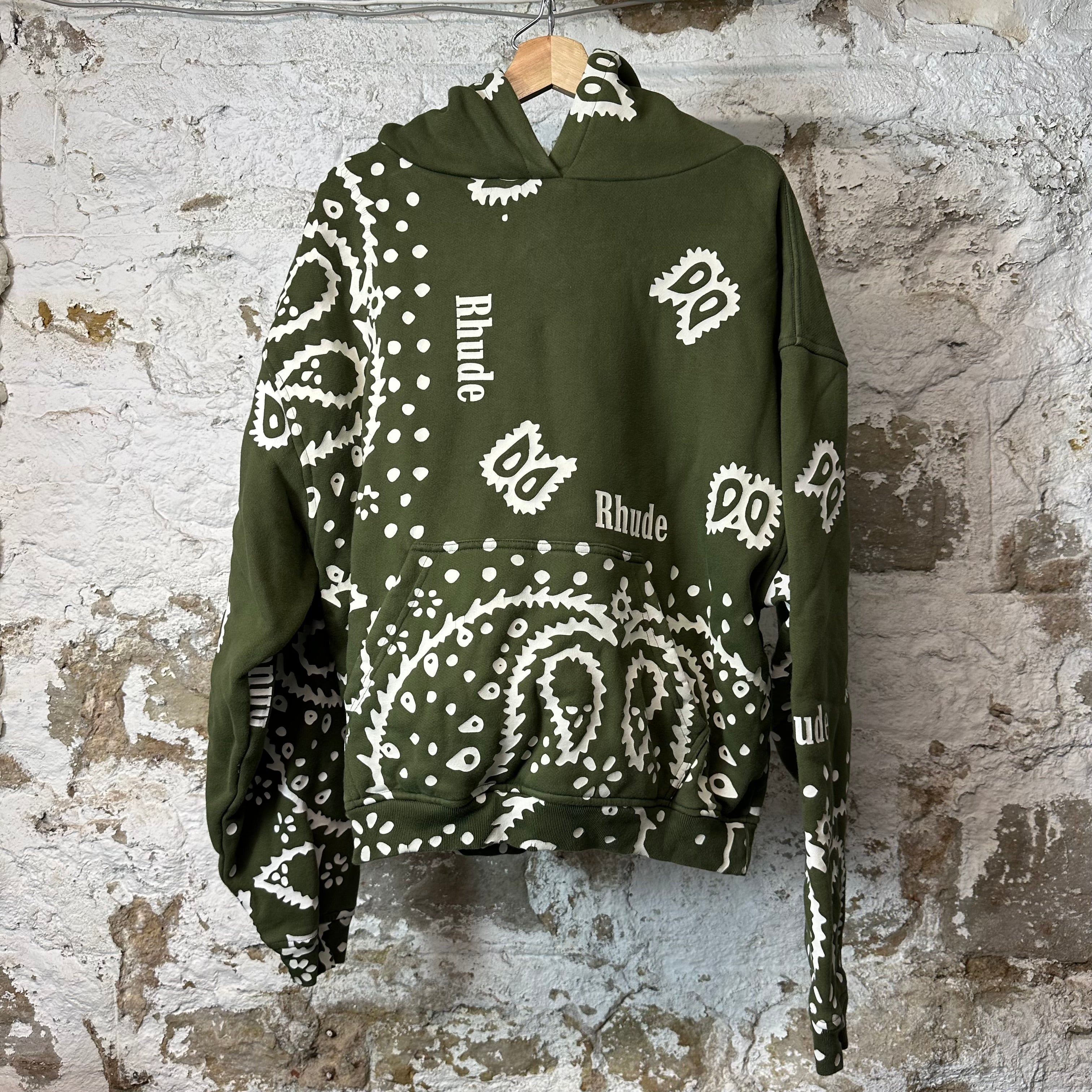 Rhude White Paisley Olive Green Hoodie Sz L