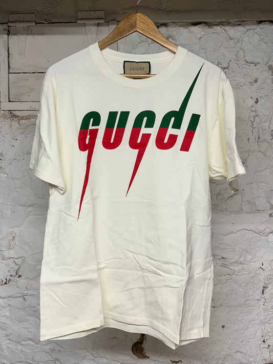 Gucci Green Red Flash Logo T-shirt Cream Sz M
