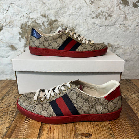 Gucci Red Navy Stripe Monogram Ace Sz 8 No Box