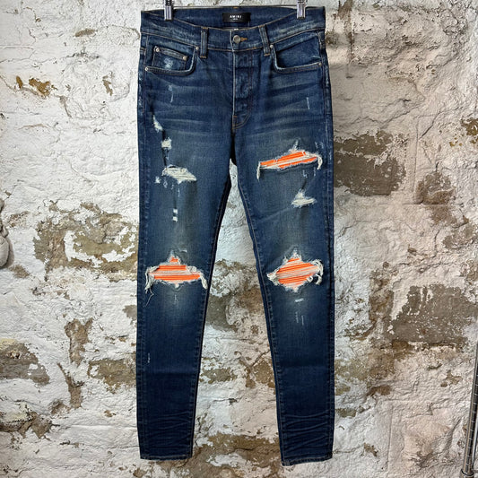 Amiri MX1 Orange Suede Dark Blue Denim Jeans Sz 32