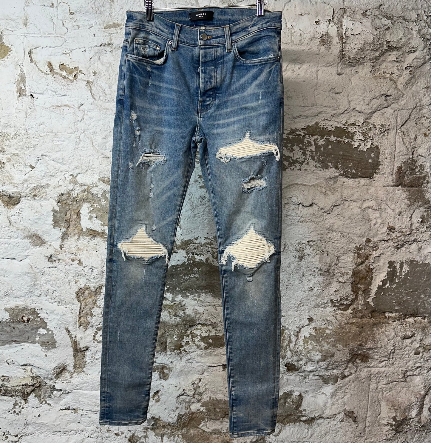 Amiri MX1 Cream Suede Blue Denim Jeans Sz 32