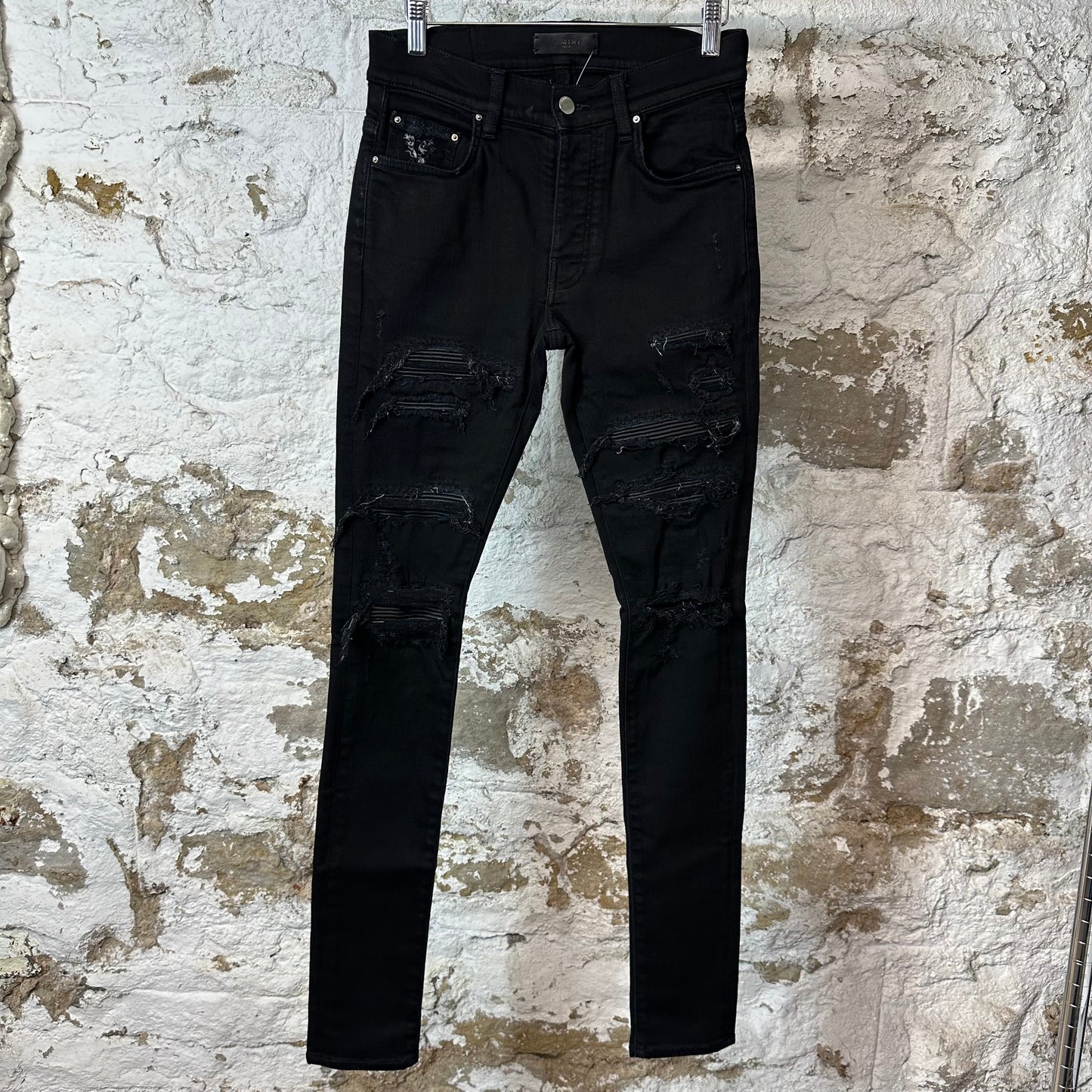 Amiri MX1 Black Leather Thrasher Black Denim Jeans Sz 29