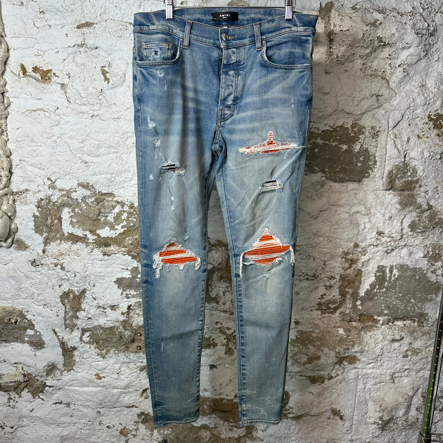 Amiri MX1 Cracked Orange Blue Denim Jeans Sz 34