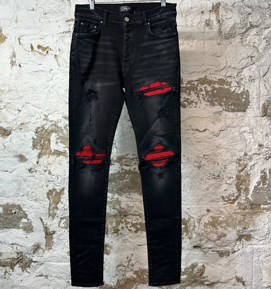 Amiri MX1 Red Suede Black Denim Jeans Sz 31