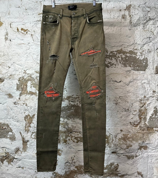 Amiri MX1 Orange Paisley Green Denim Jeans Sz 31