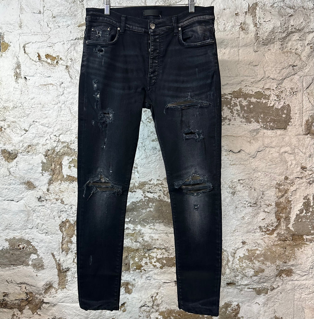 Amiri MX1 Camo Patch Black Denim Jeans Sz 34
