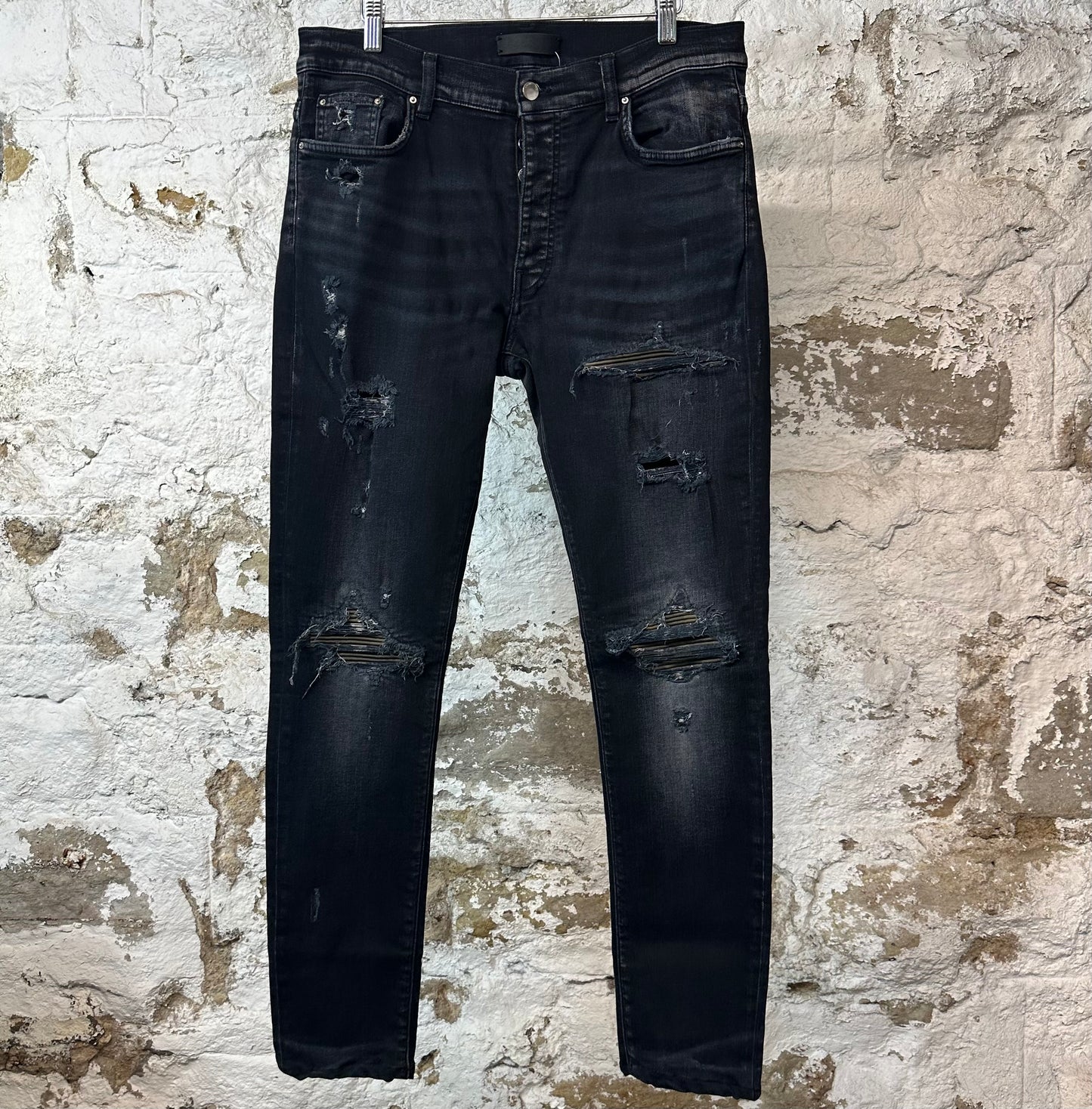 Amiri MX1 Camo Patch Black Denim Jeans Sz 34