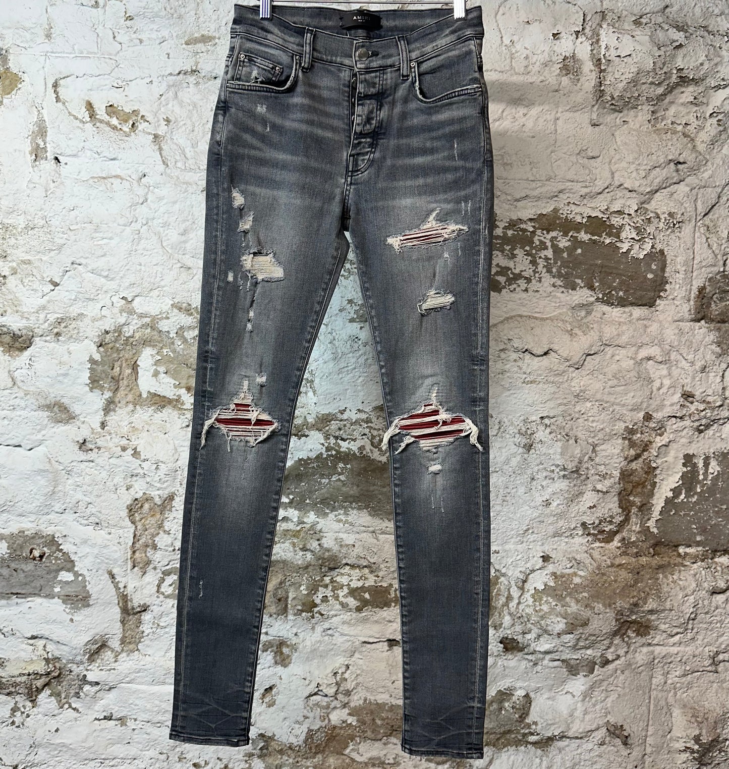 Amiri MX1 Red Leather Grey Denim Jeans Sz 29