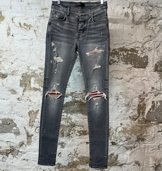 Amiri MX1 Red Leather Grey Denim Jeans Sz 29
