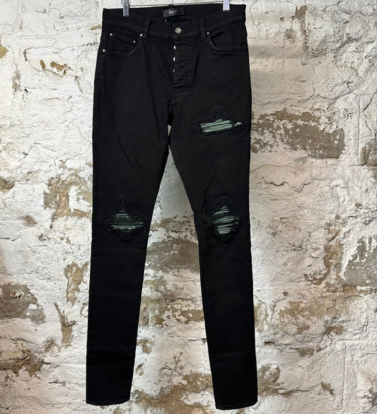 Amiri MX1 Green Suede Black Denim Jeans Sz 31