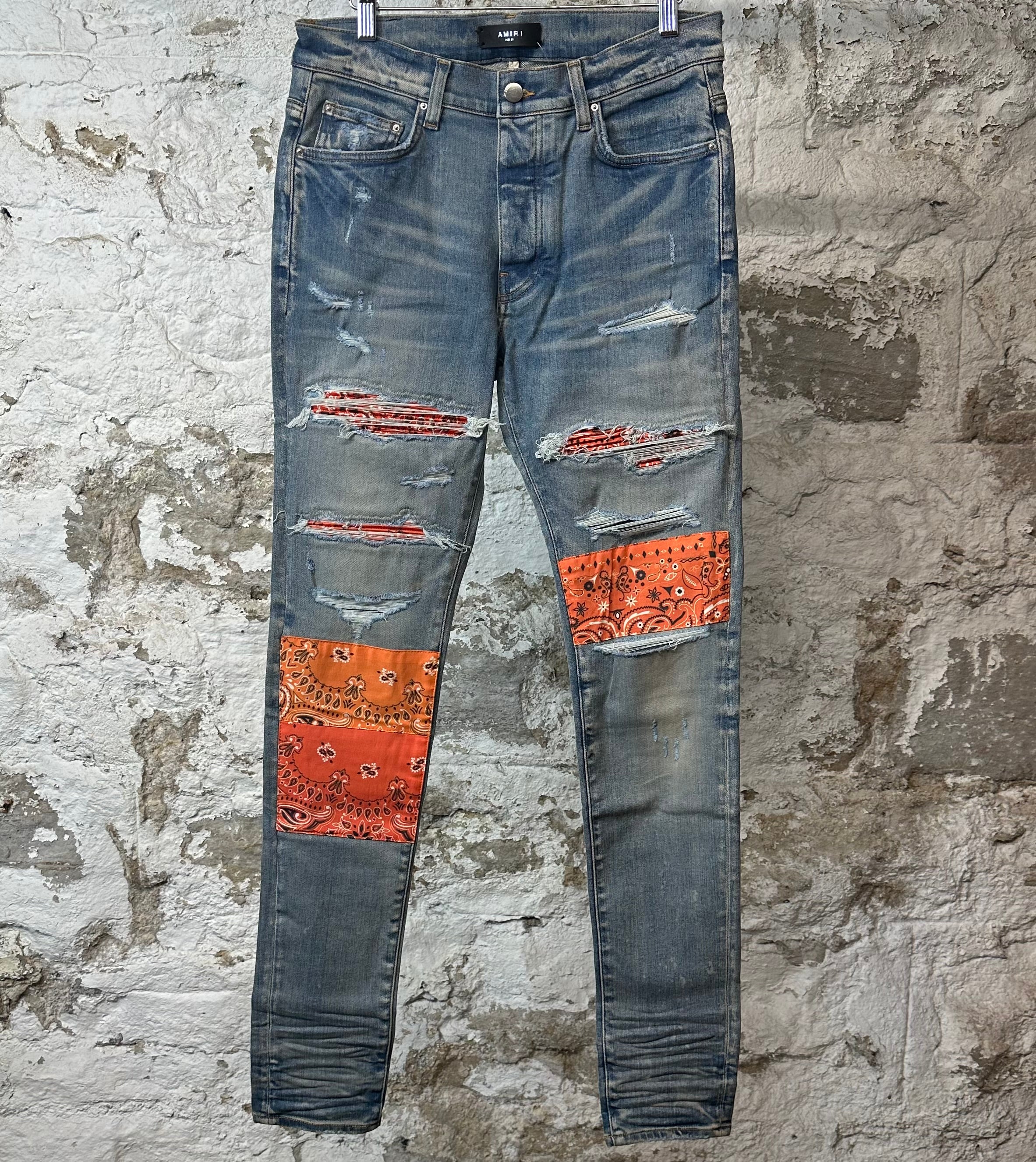 Amiri MX1 Orange Art Patch Blue Denim Jeans