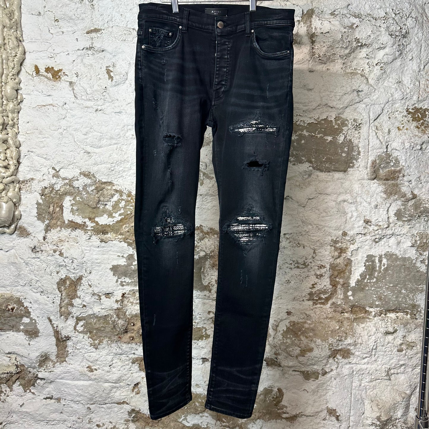 Amiri MX1 Black White Woven Black Denim Jeans Sz 34